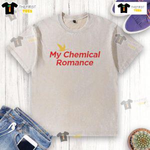 Alt Text: Official My Chemical Romance logo washed t-shirt featuring a vintage design in black and white, perfect for fans.