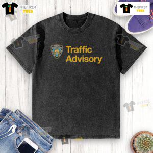 Official New York City Police Department Traffic Advisory washed t-shirt featuring police emblem and traffic safety message.