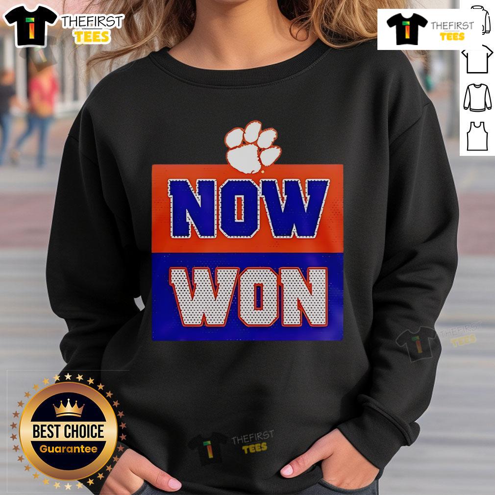 Alt Text: Official Now Won Dabo Swinney Tigers One 2025 Sweatshirt featuring team colors and logo, perfect for fans.