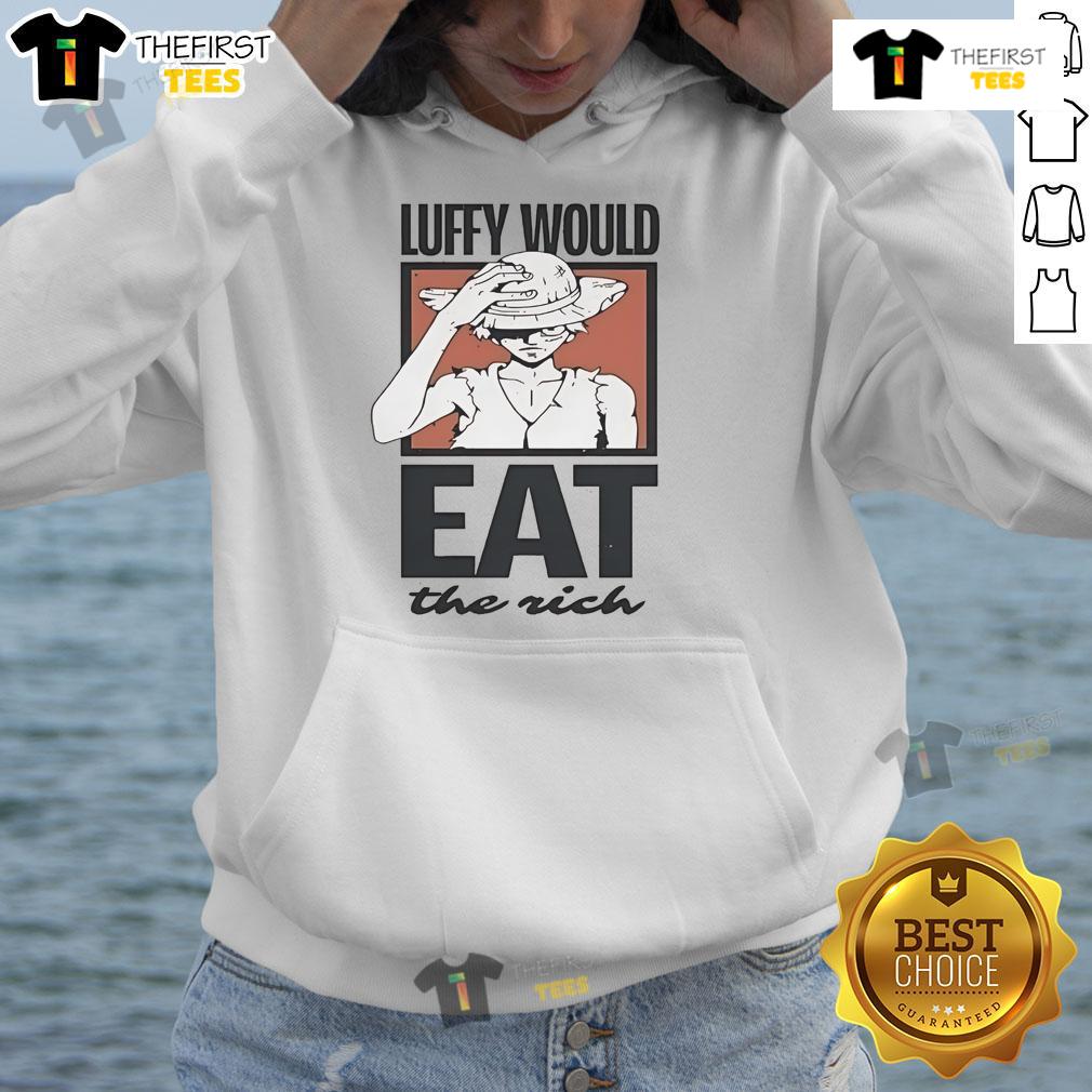 Official One Piece Luffy Would Eat The Rich Hoodie featuring vibrant graphics and comfortable design for fans.