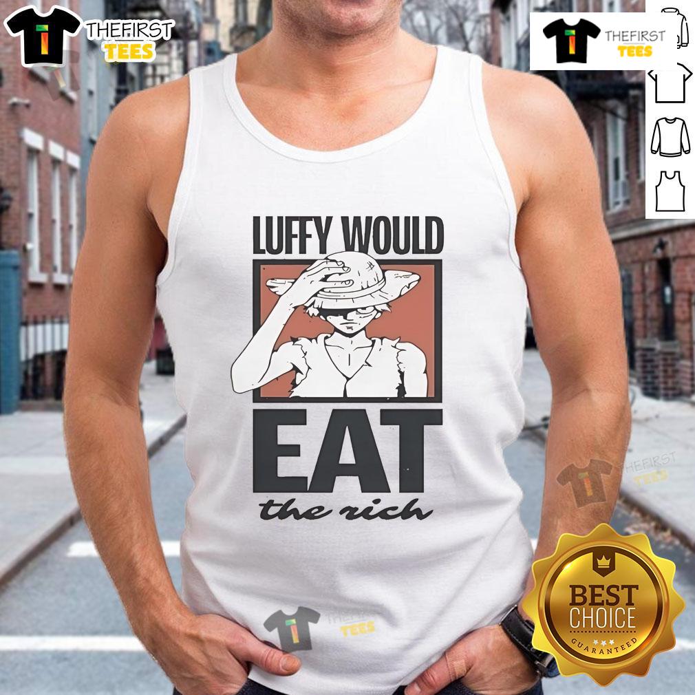 Official One Piece Luffy Would Eat The Rich Tank Top featuring vibrant design and iconic anime character for fans.