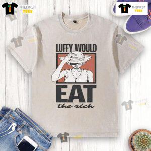 Official One Piece Luffy Would Eat The Rich washed t-shirt featuring vibrant graphics of Luffy in a casual style.