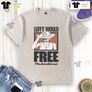 Official One Piece Luffy Would Free Palestine washed t-shirt featuring iconic anime character in a bold graphic design.