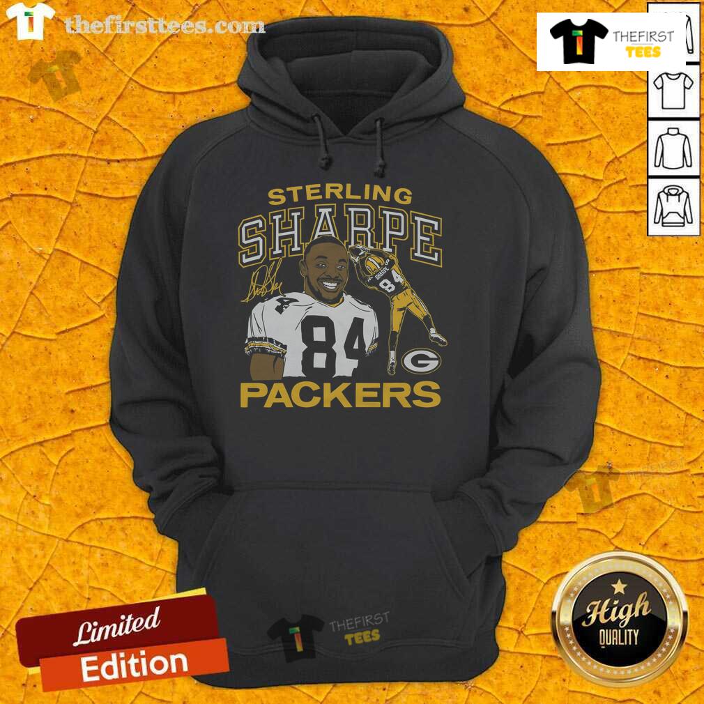Alt Text: Official Packers Sterling Sharpe signature hoodie featuring vibrant team colors and Sharpe's iconic autograph design.