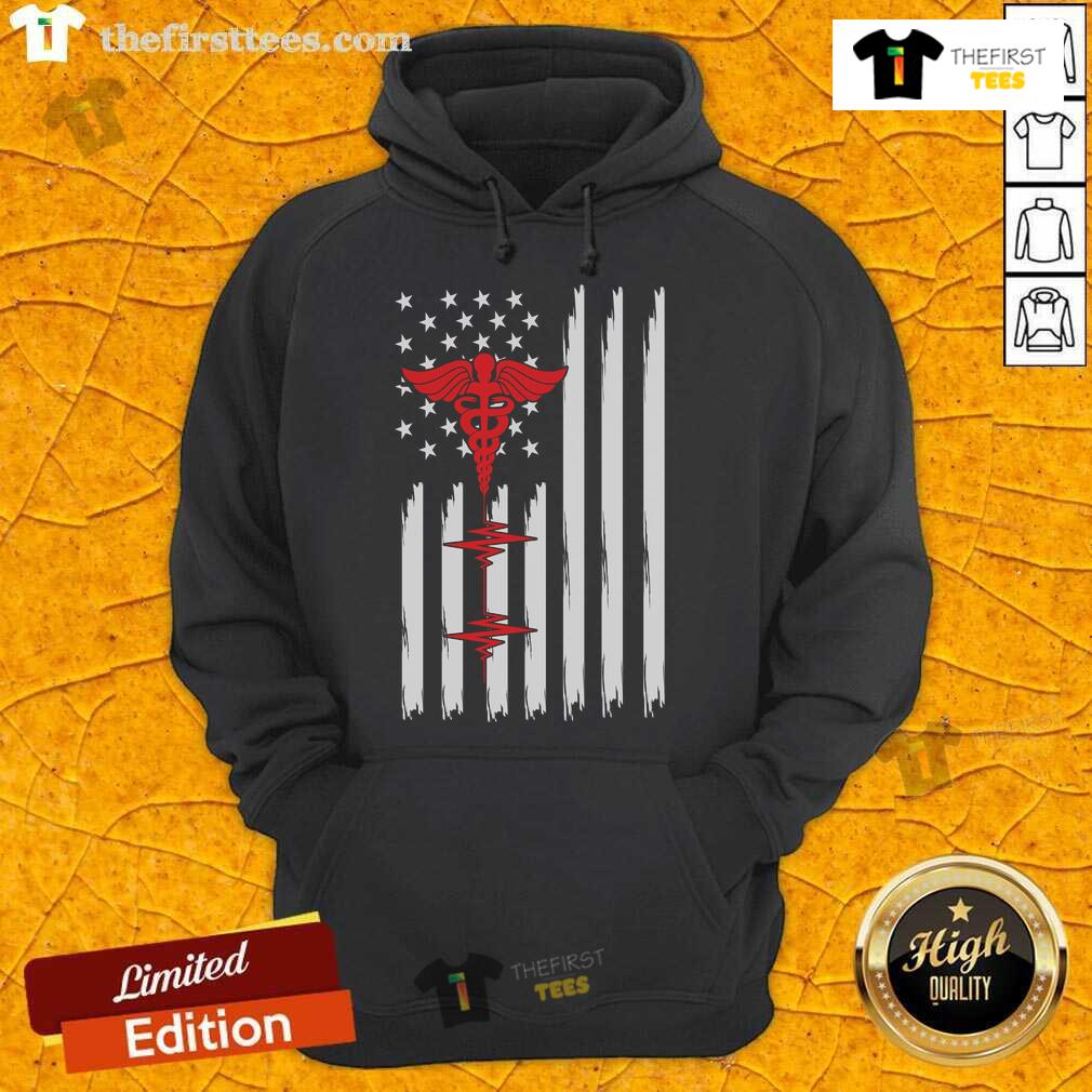 Official Patriotic Medical American Flag hoodie featuring a red caduceus and heartbeat design, perfect for healthcare heroes.