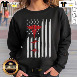 Alt Text: Official Patriotic Medical American Flag sweatshirt featuring red caduceus and heartbeat design for healthcare professionals.