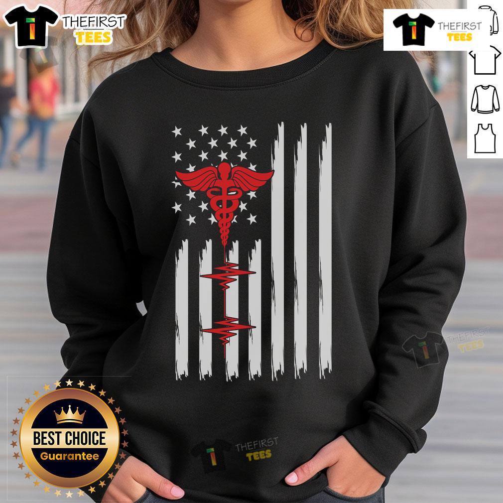 Alt Text: Official Patriotic Medical American Flag sweatshirt featuring red caduceus and heartbeat design for healthcare professionals.