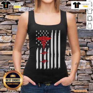 Official Patriotic Medical American Flag tank top with red caduceus and heartbeat design, perfect for healthcare professionals.