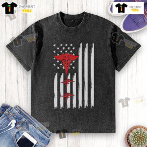 Official Patriotic Medical T-Shirt featuring American flag, red caduceus, and heartbeat design for healthcare heroes.