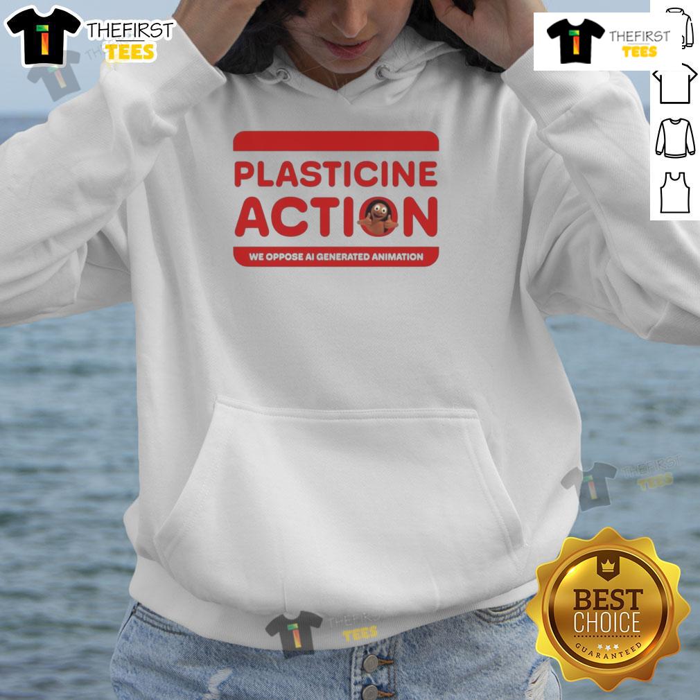 Official Plasticine Action hoodie featuring 'We Oppose AI Generated Animation' slogan in bold, vibrant colors.