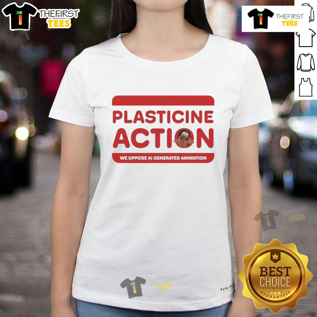 Official Plasticine Action We Oppose AI Generated Animation Ladies Tee showcasing a creative design and vibrant colors.