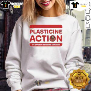 Official Plasticine Action 'We Oppose AI Generated Animation' sweatshirt featuring bold graphics and a stylish design.