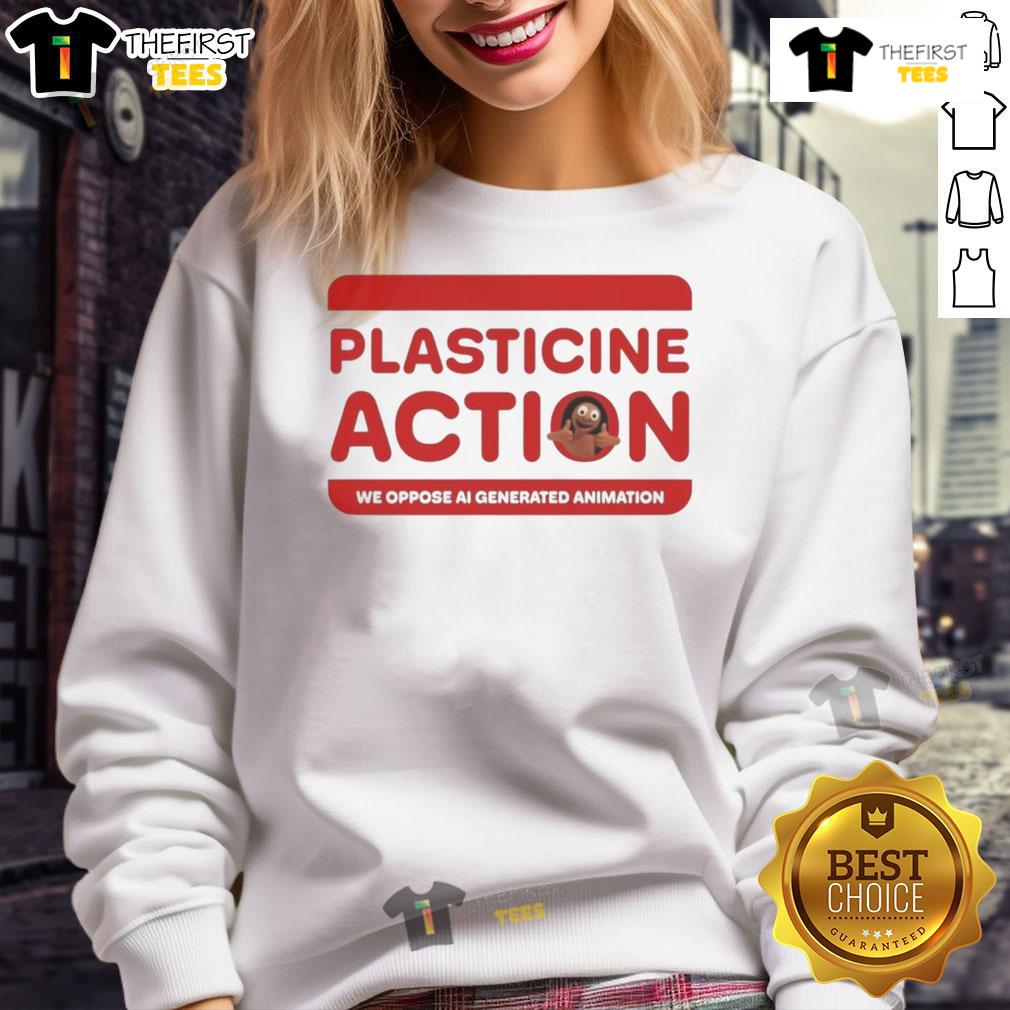 Official Plasticine Action 'We Oppose AI Generated Animation' sweatshirt featuring bold graphics and a stylish design.