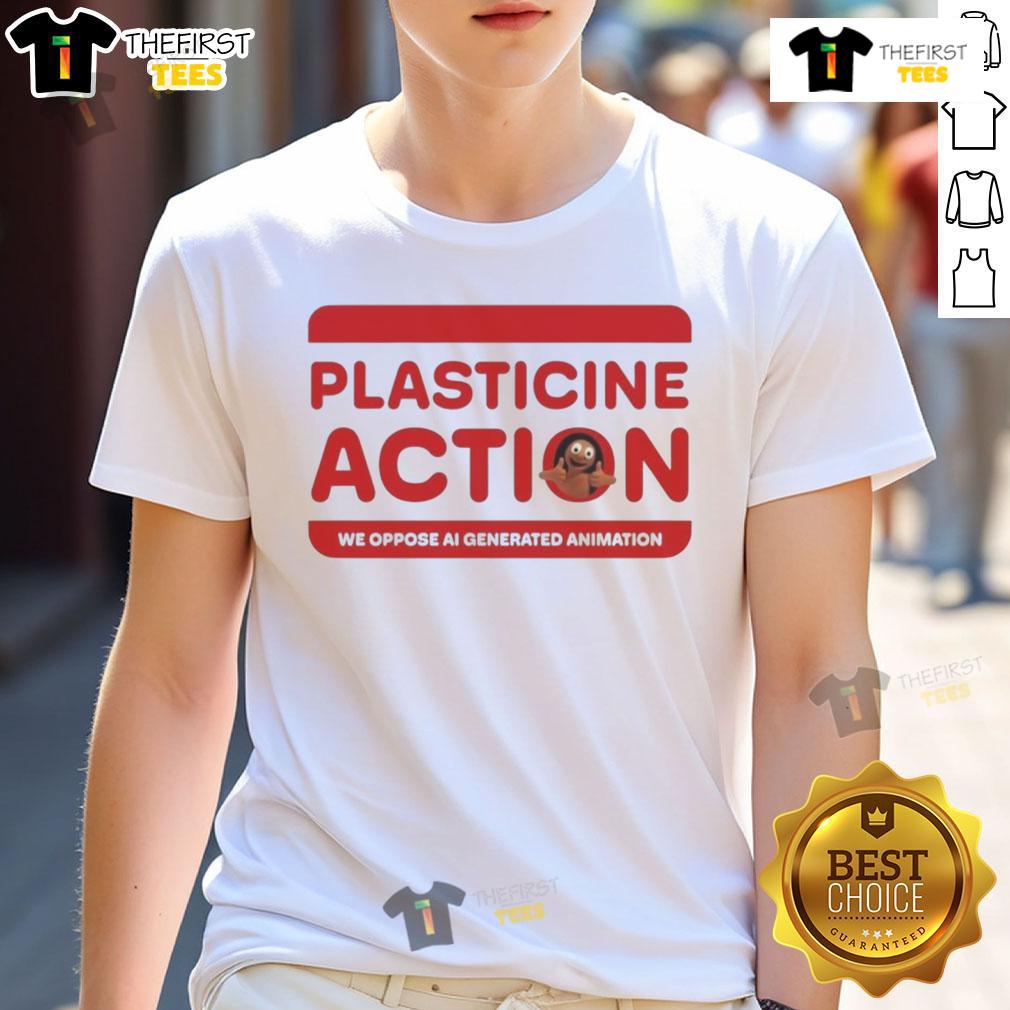 Official Plasticine Action We Oppose AI Generated Animation T-Shirt displayed on a hanger, showcasing a creative design.