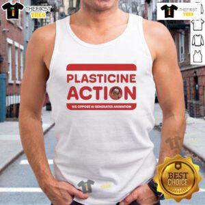 Official Plasticine Action We Oppose AI Generated Animation Tank Top featuring bold graphic design and vibrant colors.