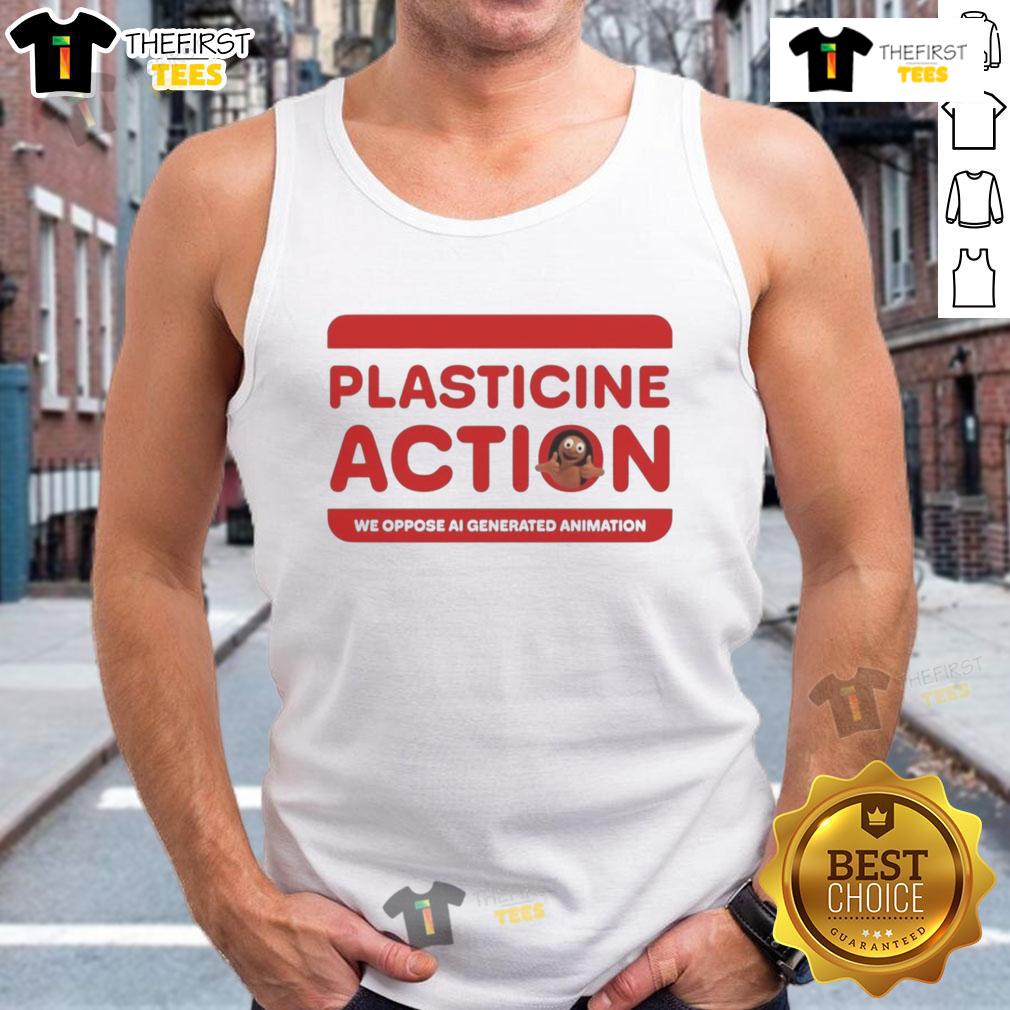 Official Plasticine Action We Oppose AI Generated Animation Tank Top featuring bold graphic design and vibrant colors.