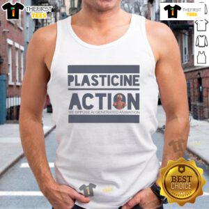 Official protester arrested wearing a tank top during a Plasticine action, highlighting environmental activism.