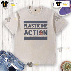 Official protester arrested during Plasticine action, wearing a washed T-shirt, highlighting environmental activism.