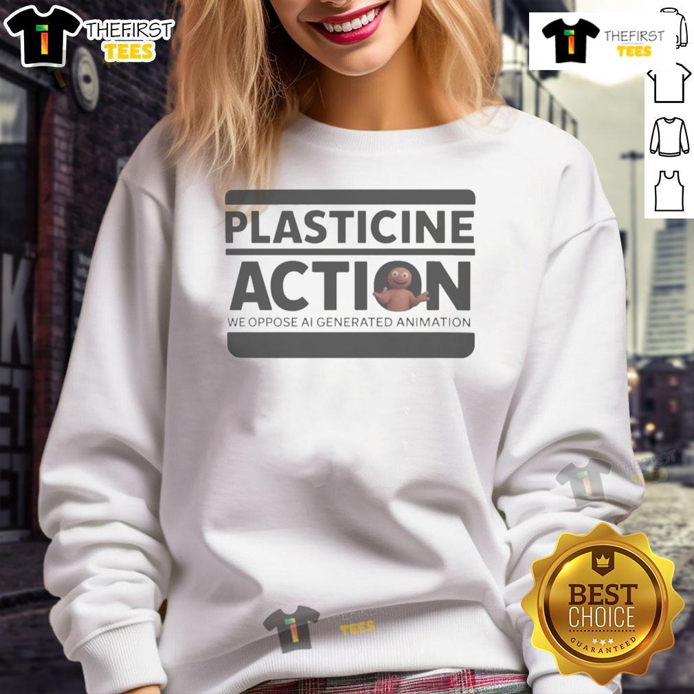 Official Protests Plasticine Action sweatshirt featuring vibrant graphic design promoting environmental awareness.