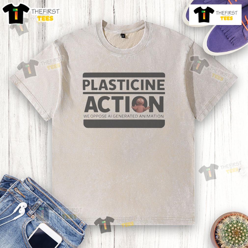 Official Protests Plasticine Action washed t-shirt design featuring vibrant colors and bold graphic print.