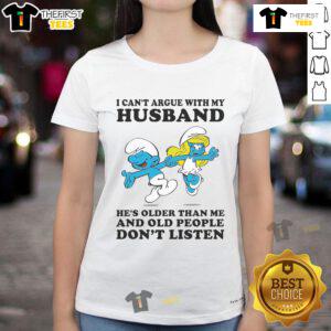 Official The Smurfs 'I Can't Argue With My Husband, He's Older Than Me' ladies tee featuring vibrant graphics and playful design.