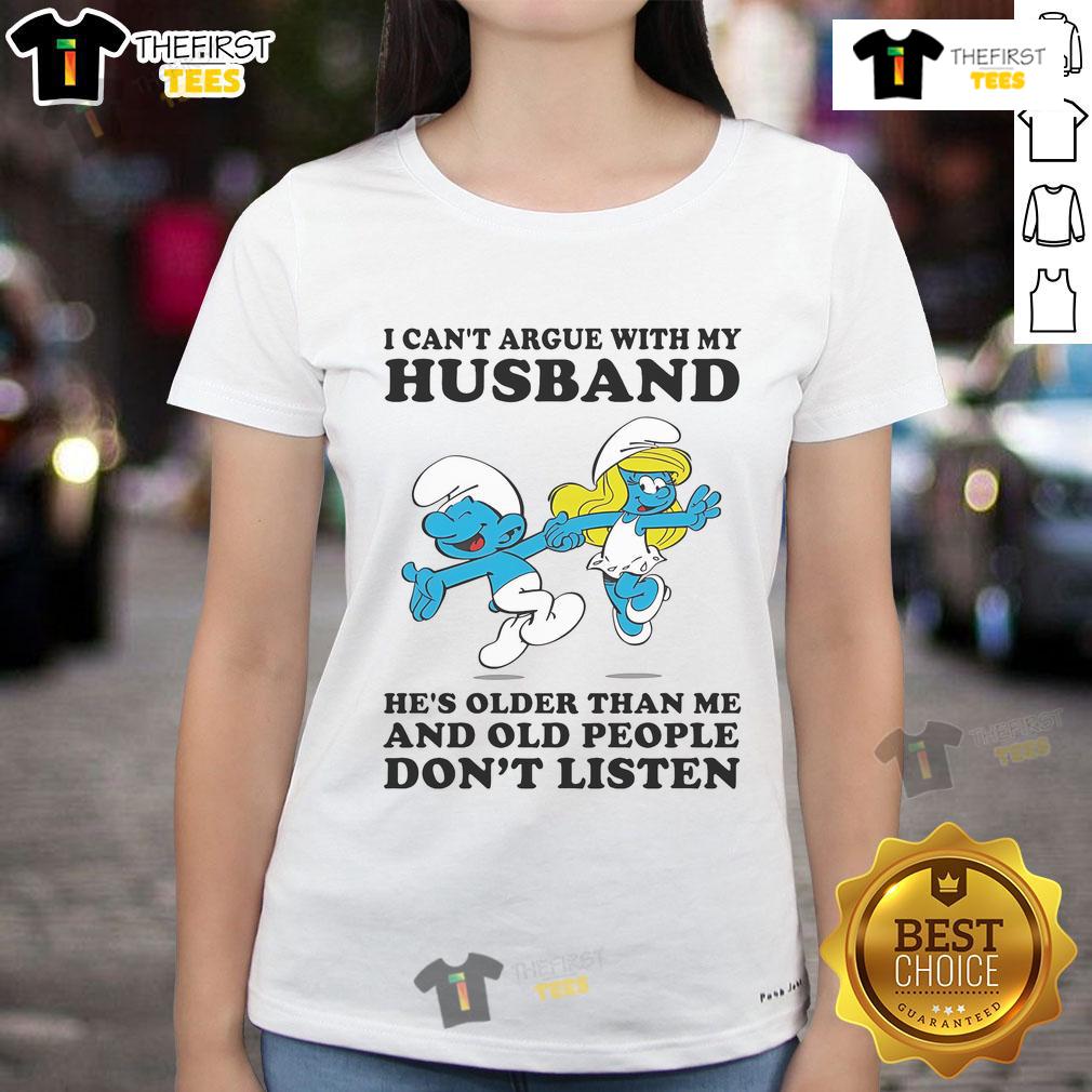 Official The Smurfs 'I Can't Argue With My Husband, He's Older Than Me' ladies tee featuring vibrant graphics and playful design.