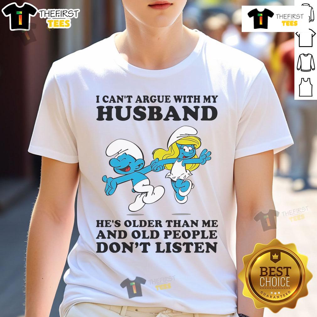 Alt Text: Official The Smurfs I Cant Argue With My Husband T-Shirt featuring fun design celebrating age difference humor.