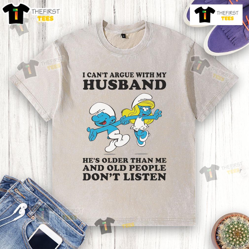 Official The Smurfs I Can't Argue With My Husband He's Older Than Me washed t-shirt featuring vibrant Smurfs graphic.