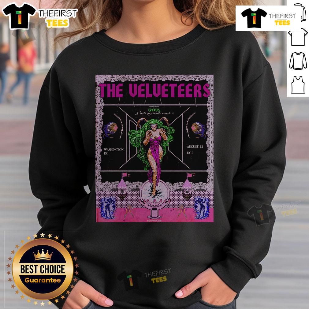 Official The Velveteers Tour Washington August 12, 2025 poster on a stylish sweatshirt showcasing the band's logo.