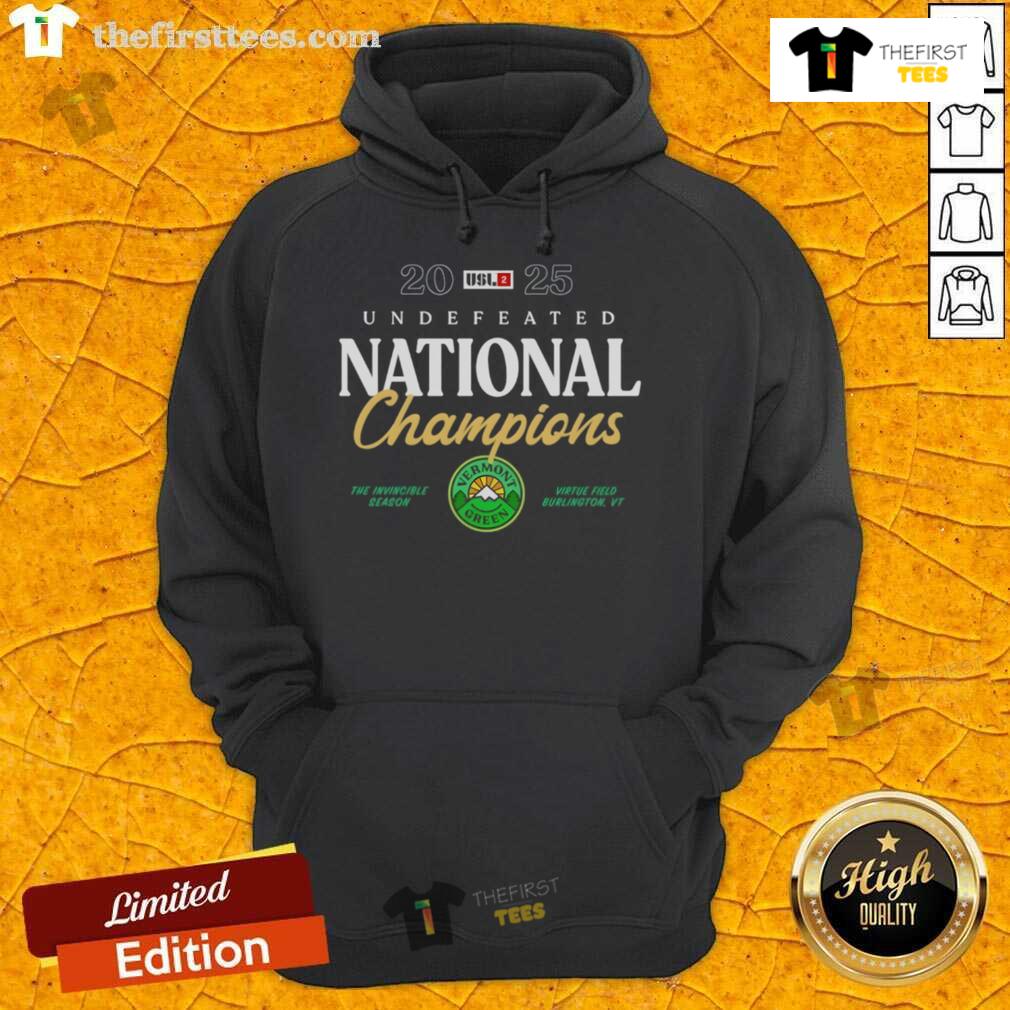 Official Vermont Green FC Undefeated National Champions 2025 hoodie showcasing team pride and championship victory.