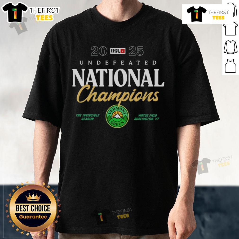 Official Vermont Green FC T-Shirt celebrating the Undefeated National Champions 2025 with vibrant team logo and design.