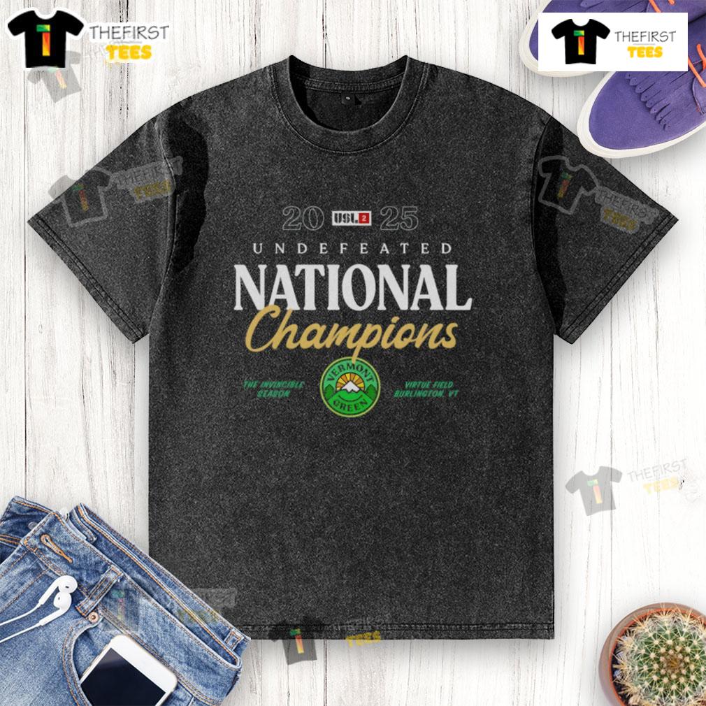 Official Vermont Green FC Undefeated National Champions 2025 washed t-shirt in vibrant green, perfect for fans.