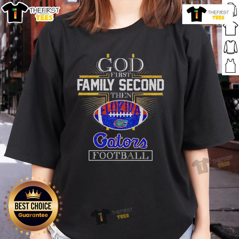Original God First Family Second Florida Gators football ladies tee featuring vibrant team colors and graphic design.