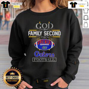 Original God First Family Second Florida Gators football sweatshirt in vibrant blue, perfect for fans and casual wear.