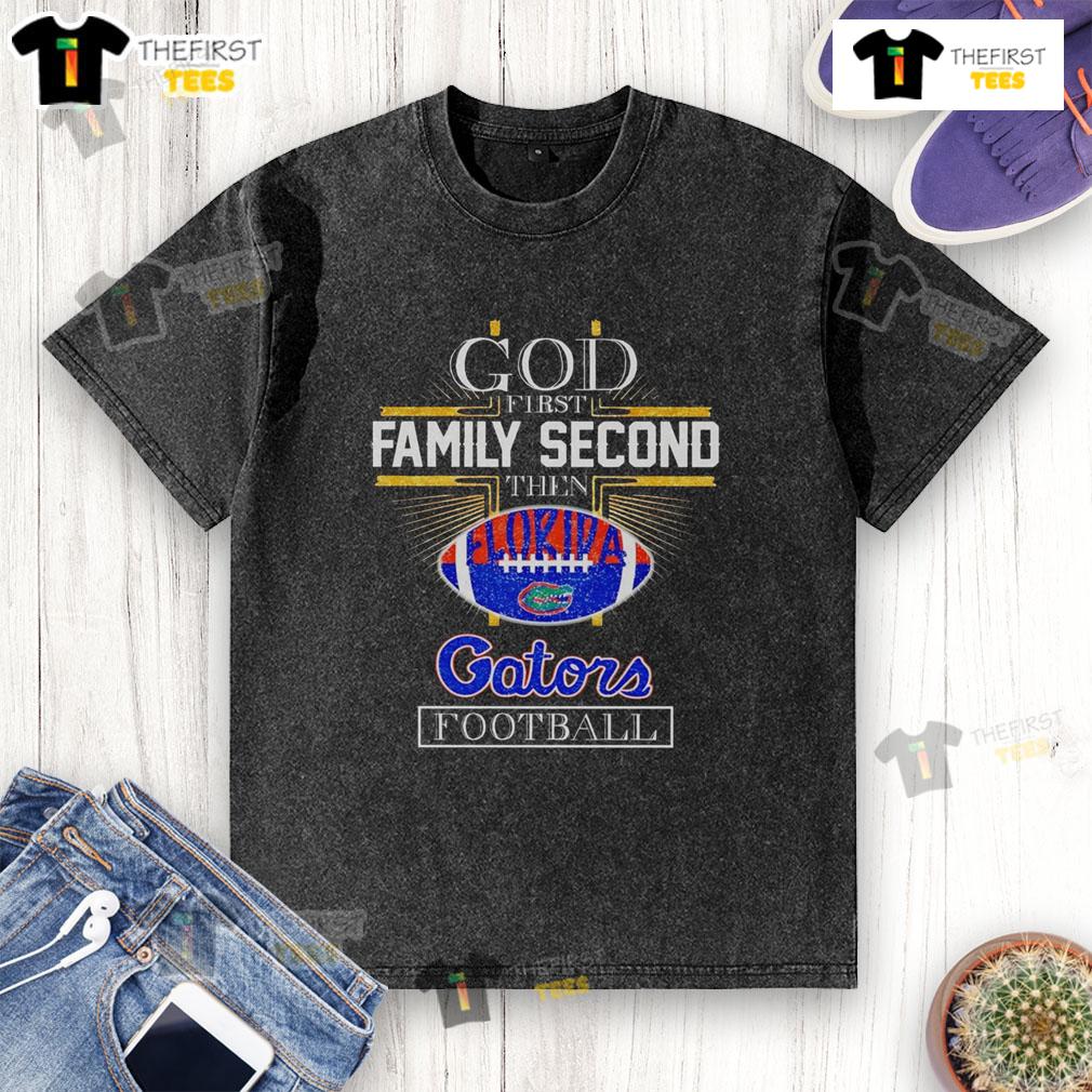 Original God First Family Second Florida Gators Football washed t-shirt, featuring bold graphics and a comfortable fit.