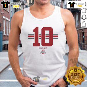 Alt Text: Original Julian Sayin 10 Ohio State Buckeyes football stripe tank top for fans, featuring bold team colors and design.