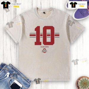 Original Julian Sayin 10 Ohio State Buckeyes Football Stripe Washed T-Shirt featuring vibrant stripes and team logo.