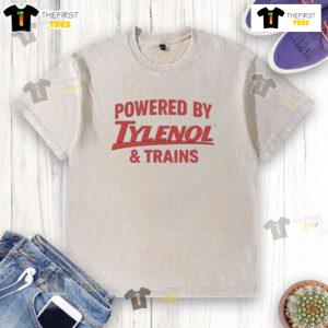 Awesome Powered By Tylenol and Trains Washed T-Shirt featuring a vintage design, perfect for casual wear and train enthusiasts.