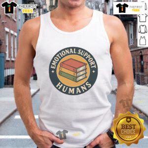 Adorable tank top featuring 'Cute Books Emotional Support Humans' graphic, perfect for book lovers and cozy vibes.