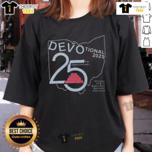 Good Devotional 25th Anniversary Ladies Tee featuring a stylish design celebrating faith and devotion in vibrant colors.