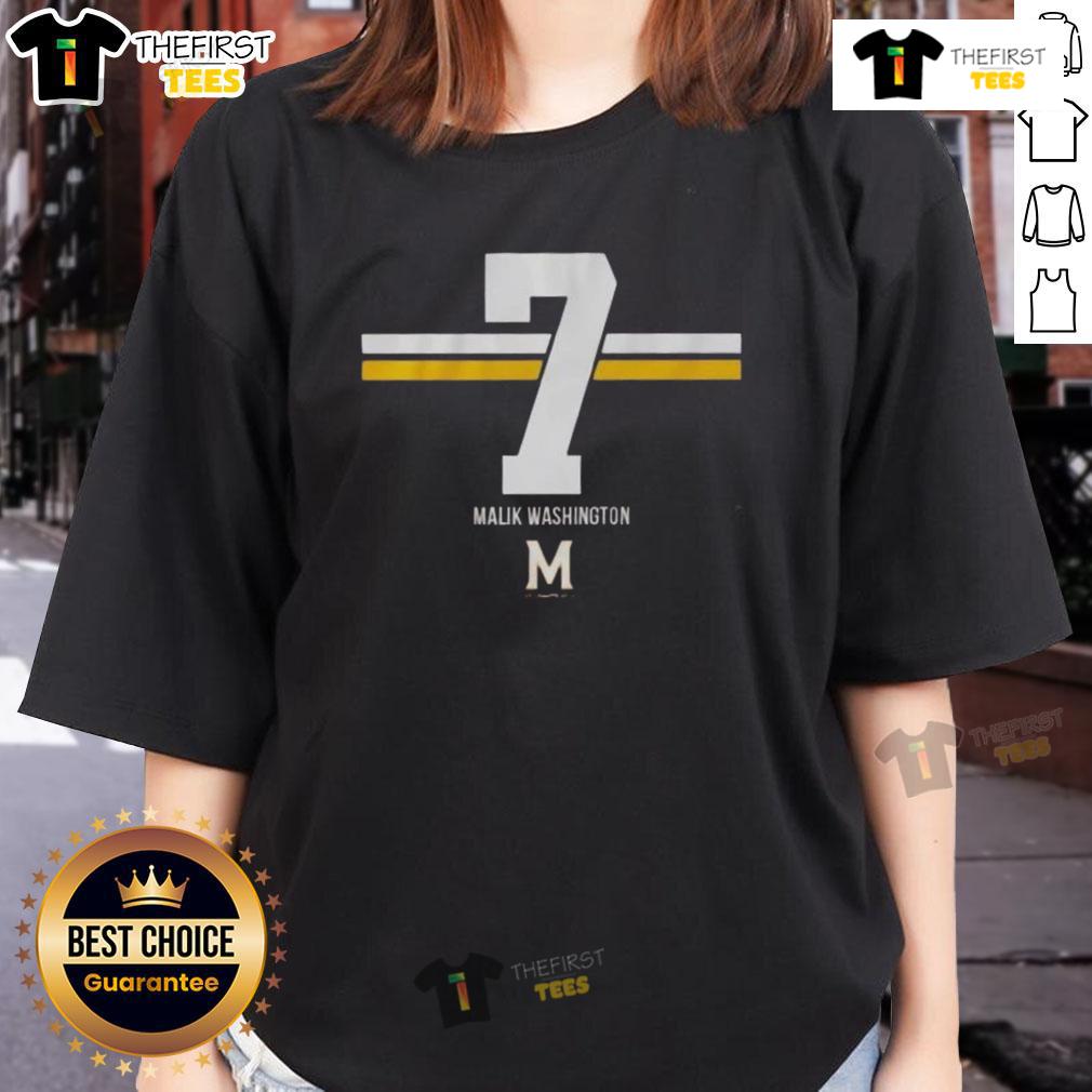 Maryland Terrapins football ladies' tee featuring Malik Washington and a stylish 7-stripe design.
