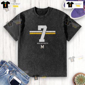 Good Maryland Terrapins Football Malik Washington 7 Stripe Washed T-Shirt displayed on a hanger with vibrant team colors.