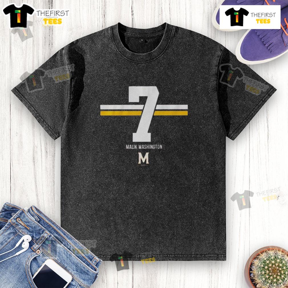 Good Maryland Terrapins Football Malik Washington 7 Stripe Washed T-Shirt displayed on a hanger with vibrant team colors.