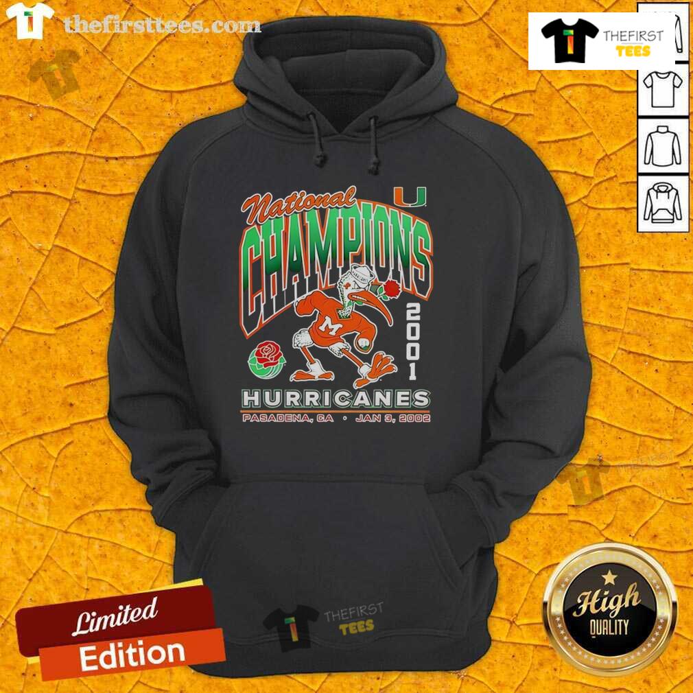 Alt Text: Good National Champions 2001 Miami Hurricanes mascot hoodie featuring vibrant team colors and logo.