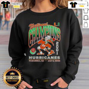 Alt Text: 2001 Miami Hurricanes mascot sweatshirt celebrating Good National Champions, featuring vibrant team colors and logo.