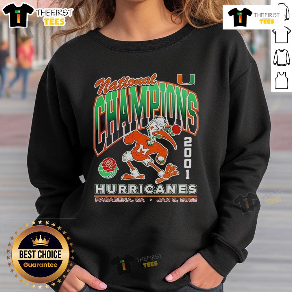 Alt Text: 2001 Miami Hurricanes mascot sweatshirt celebrating Good National Champions, featuring vibrant team colors and logo.