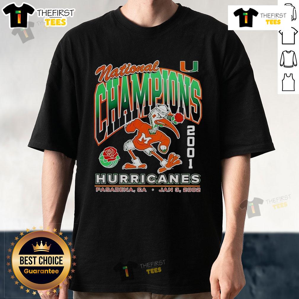 Alt Text: Good National Champions 2001 Miami Hurricanes mascot T-shirt featuring vibrant colors and iconic logo design.
