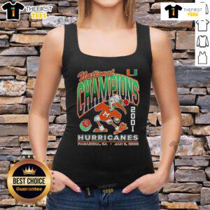 Alt Text: Miami Hurricanes mascot tank top celebrating the 2001 Good National Champions, featuring vibrant team colors and logo.