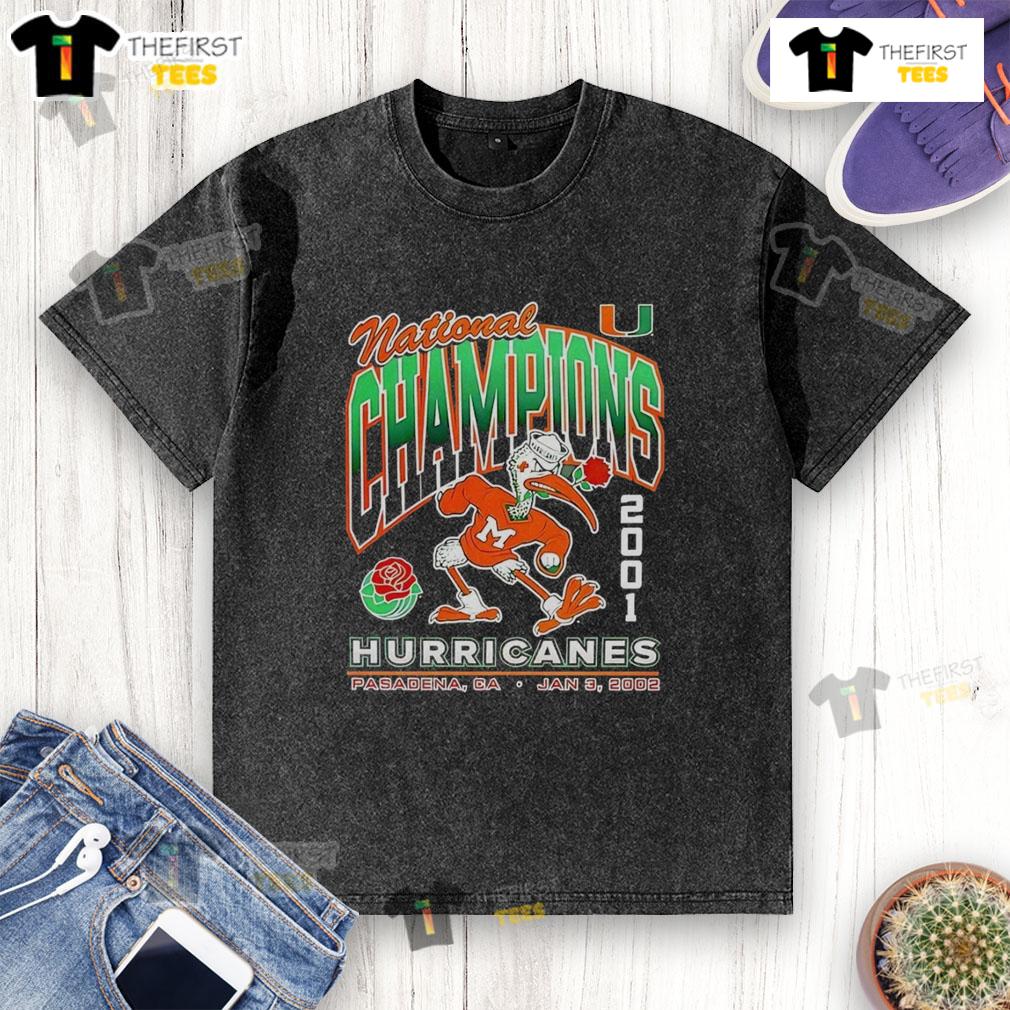 2001 Miami Hurricanes National Champions mascot design on a washed t-shirt, perfect for college sports fans.