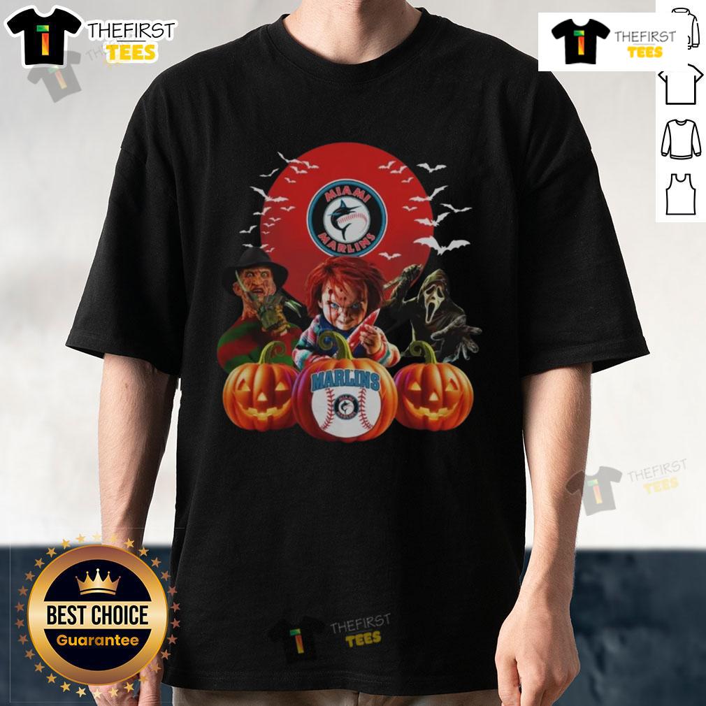 Happy Miami Marlins MLB Horror Movie Halloween T-Shirt featuring spooky graphics perfect for Halloween celebrations.